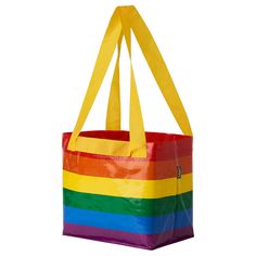 a rainbow colored tote bag on a white background