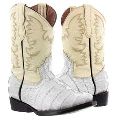 cowboypros men's women's kid's belts sandals sale Youth Kids Toddler Off White Crocodile Tail Western Leather Cowboy Boots J Toe $44.99 Quality: Handmade All Genuine Leather Boots Brand: Veretta Material: 100% Genuine Leather Description: These boots feature genuine leather shafts & uppers (vamps), welt stitched full leather soles that are reinforced with wood pegs and solid brass nails for durability. Stacked leather heels, full leather linings, and our Cushion Comfort Sole System (CCSS) delive Alligator Tail, Crocodile Tail, Teen Boots, White Alligator, White Crocodile, Boys Cowboy Boots, Print Boots, Kids Belt, Alligator Print