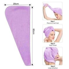 a woman wearing a purple towel wrapped around her head with the instructions for how to use it