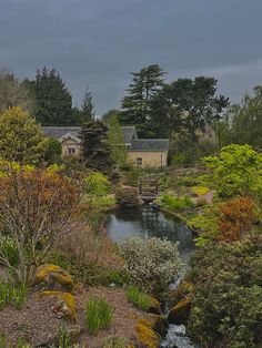 a small stream running through a lush green forest next to a stone building with a clock on it