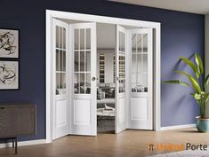 Sliding Closet Bi-fold Doors with Clear Glass | Wood Solid Bedroom Wardrobe Doors  | Buy Doors Online Bedroom Wardrobe Doors, Bifold French Doors, Bifold Barn Doors, European Doors, Soft Opening, Sliding Closet, Bedroom Wardrobe, Wardrobe Doors, Home Doors