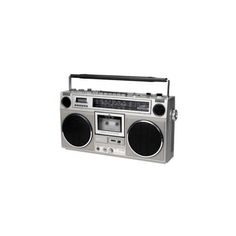 an old fashioned radio is shown on a white background and has a boombox attached to it