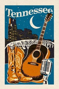 an image of a poster with boots and a guitar on the ground in front of a cityscape