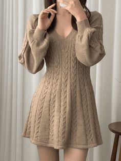 V Neck Cable Knit Long Sleeve Mini Dress - AnotherChill Winter Sweater Dresses, Sweet Clothes, Flare Long Sleeve, Mini Dresses Online, Womens Knit Dresses, Dress Stores Online, Long Sleeve Knit Dress, Mini Robes, Long Sleeve Sweater Dress