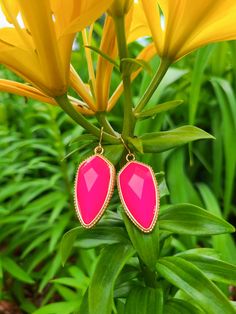 Hot pink dangles approx 2 in. Pink Drop Earrings With Ear Wire, Trendy Pink Dangle Jewelry, Handmade Pink Drop Jewelry, Pink Long Drop Earrings For Party, Trendy Handmade Pink Jewelry, Trendy Pink Drop Earrings, Pink Long Drop Earrings As Gift, Trendy Pink Dangle Earrings, Pink Drop Earrings For Party