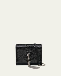 Saint Laurent sequin embroidered satin crossbody bag.    Silvertone hardware.    Curb chain shoulder strap, 22" drop.    Flap top with snap closure.    Exterior, signature YSL logo lettering with tassel.    Interior, slip pocket.    4.9"H x 7.5"W x 1.6"D.    "Kate" is made in Italy Ysl Kate Bag, Ysl Wallet On Chain, Ysl Kate, Kate Bags, Ysl Wallet, Ysl Logo, Bag Silver, Wallet On Chain, The Saint