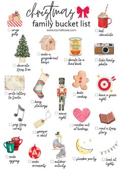 the christmas family bucket list is shown with pictures and words to help you plan for this holiday