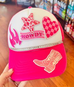 Yeehaw, ladies! This Girly Western Trucker Hat is the perfect accessory for any cowgirl or city slicker looking to add a playful touch to their outfit. With its classic trucker style, this hat will keep you cool and stylish. (P.S. It's also great for bad hair days!) Senior Patches, Hat Business, Hats Ideas, Hat Bar, Band Ideas, Hat Jewelry, Custom Trucker Hats, Senior Trip, Trendy Hat