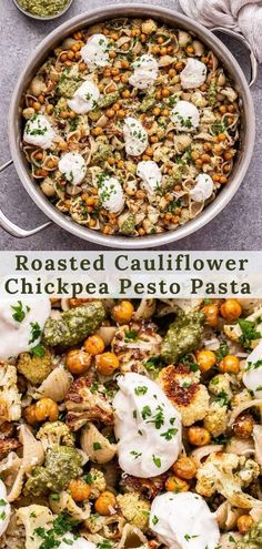 roasted cauliflower and chickpea pesto pasta in a skillet with sour cream on top