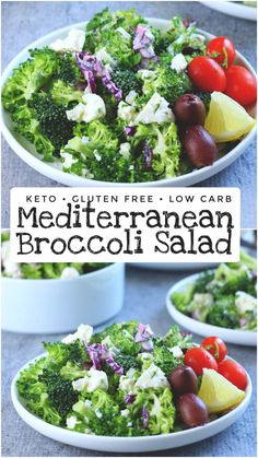 broccoli salad with lemons, tomatoes and olives in two white bowls