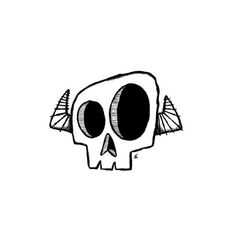 a black and white drawing of a skull with horns on it's head, in front of a white background