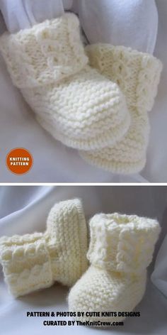 crocheted baby booties are shown in two different pictures, one is white and the other is cream