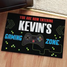 a door mat that says, you are now entering kevin's gaming zone