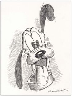 a pencil drawing of goofy from the cartoon character mickey mouse with his head in a cup