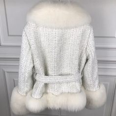 Size (cm) EU Bust Shoulder Sleeve S 36 102 40 60 M 38 106 41 61 L 40 110 42 62 XL 42 114 43 63 Material | Fox Fur Luxury Cream Double-breasted Outerwear, White Wool Long Coat, White Classic Long Sleeve Tweed Jacket, Classic White Wool Coat For Spring, White Wool Coat With Lapel Collar For Fall, White Long Wool Coat For Spring, Winter White Double-breasted Spring Outerwear, White Double-breasted Pea Coat For Winter, White Tweed Jacket For Workwear In Winter