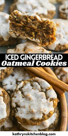 iced gingerbread oatmeal cookies in a bowl with cinnamon sticks