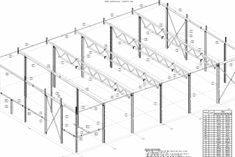 an architectural drawing of a building with trusses and metal beams, including the top section