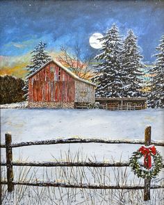 a painting of a red barn in the snow with a wreath on it's fence