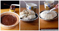 three pictures showing different stages of making ice cream in paper cups with chocolate and peanut butter