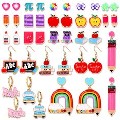 PRICES MAY VARY. ♥ Valued Teacher Earrings Set -- Show the love and appreciation to your teachers with this teacher earrings set, including 14 pairs of teacher stud earrings and 7 pairs of teacher dangle earrings, designed with school themed elements like pencil, book, blackboard, arch rainbow, school bus, etc. These funky pencil earrings are the perfect gift to our wonderful teachers and educators! And will definitely help your teacher stand out in the classroom and staffroom ♥ Funny Pencil Ear Cute Multicolor Earrings For Mother's Day, Pencil Earrings, Flowers To Go, Teacher Earrings, Teacher Birthday Gifts, Teacher Birthday, School Jewelry, Funky Earrings, Earrings Colorful