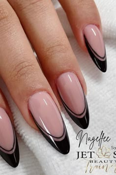 Trendy Black Nails, Black And Nude Nails, Black French Tip Nails, Oval Acrylic Nails, Nails With Black, Black French Nails, Black French Tip, Boho Nails, Wow Nails