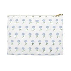 Our flat pouches vary from small to large and can be used for pretty much anything. They make excellent pencil cases and cosmetic travel bags. They are constructed from a durable material with a zipper closure.  .: 100% Polyester - Small 8.35" Wide X 6" High - Large 12" Wide x 8.35" High .: Flat corners .: Non-woven white canvas inside Pretty Printing does not accept returns.  Each product is made to order. If you'd like to add a monogram to this accessory pouch please see our monogrammed versio Preppy Watercolor, Hydrangea Pattern, Green Accessories, Flat Pouch, Small Cosmetic Bags, Watercolor Blue, White Laminate, Pencil Cases, Blue Hydrangea