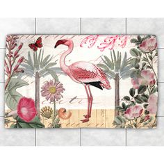 a pink flamingo standing in front of flowers and butterflies on a white tile wall