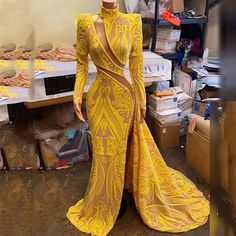 Yellow Evening Dresses, February 1st, Afrikaanse Mode, 파티 드레스, Beaded Gown, Prom Outfits, Mermaid Evening Dresses, Lace Evening Dresses, Gala Dresses