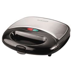 an electric sandwich maker is shown on a white background with red and green buttons in the center