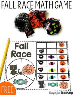 a printable fall race math game with pumpkins and black cats on the side