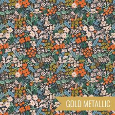 gold metallic foil with flowers and leaves on the bottom in blue, green, orange and white