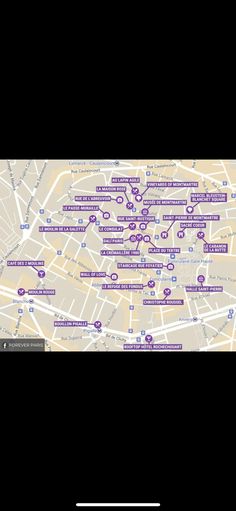 a map with many different locations and names in purple on the bottom right corner is an image of a street