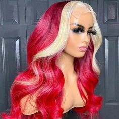 Long Wave Lace Front Wigs T part Red with Blonde Highlight Fashion Synthetic Wig, #AD, ##Wig, #Ad, #Synthetic, #Fashion, #Highlight Bratz Hairstyles, Hair Claim, Blonde With Red Highlights, Pretty Wigs, Wigs Styles, Red Hair With Blonde Highlights, Wigs Collection, Hair Rainbow, Body Wave Lace Front Wig