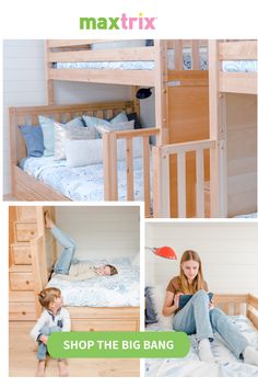 a woman sitting on top of a bunk bed next to a child laying on the floor