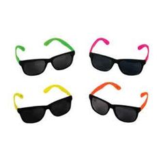 four pairs of sunglasses with different colors on them