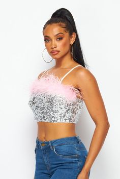 Dazzling sequins and pink feathers pave the way on this spectacular crop that's sure to be a hit from celebrations to nights on the town. • Pink Feather Trim• Adj. Straps• Pull On• Crop• Silver Sequins Sequin Crop Top, Feather Trim, Pink Feathers, Silver Sequin, Personalized Accessories, New Arrival Dress, Feathers, Apparel Accessories, Sequin