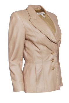 Upgrade your office style with this chic and funky Escada beige leather blazer. Featuring a three-button front and side slit pockets, this blazer will elevate any outfit. Take a break from the ordinary and add some edge to your wardrobe with this unique piece. Size 4 (DE 34) Shell 100% Leather Lining 100% Rayon Three-button front closure Notch collar Two side slit pockets Perforated scallop edge trim Minor rubbing on shoulders Bust 38" Waist 29" Shoulder to hem 24" Shoulder to shoulder 15.25" Sl Scallop Edge, Notch Collar, Fashion Group, Office Style, Leather Blazer, Notched Collar, Blazer Buttons, Take A Break, Office Fashion