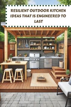 an outdoor kitchen is shown with the words, reslieent outdoor kitchen ideas that is engineering to last