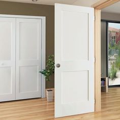 an empty room with two white doors and a potted plant in the corner next to it