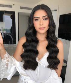 Finger Waves Long Hair Wedding, Soft Hollywood Waves Middle Part, Bridal Hair For High Neck Dress, Bridal Hair With Curtain Bangs, Wavy Hair Formal, Curls Hairstyles For Wedding, Graduation Curls, Hollywood Waves Middle Part, Hollywood Glam Hair