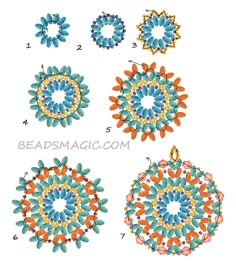 the instructions for beading an ornament in different colors and sizes, including flowers