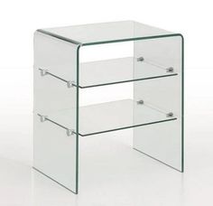 a clear glass shelf with two shelves on each side and one shelf below it that has three drawers