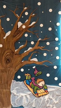 a painting of a child sledding under a tree