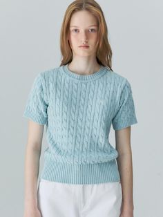 This is a feminine and comfortable top by DEPOUND that is made out of high quality and sturdy material. With distinctive mood of the design and comfortable wear, you can style it for your romantic daily outfit.- Classic cable knit pattern overall- dpwd logo embroidery detail- Casual and feminine mood Chic Light Blue Knit Sweater, Blue Cotton Knit Top For Winter, Light Blue Cozy Cotton Top, Cozy Light Blue Cotton Top, Chic Blue Cotton Knit Top, Casual Cotton Cable Knit Top, Blue Cotton Knit Top With Textured Knit, Light Blue Knitted Cotton Tops, Light Blue Knitted Crew Neck Top