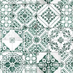 green and white tiles with floral designs on the sides, all in different shapes and sizes