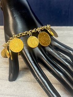 Gold-Tone Sterling Silver Coin Charms Bracelet Weight 46.2g Length 8'' M4/ce Gold Coin Bracelet, Coin Charm Bracelet, Coin Bracelet, Charms Bracelet, Gold Coin, Silver Coin, Gold Coins, Silver Coins, Charm Bracelets