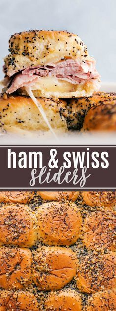 ham and swiss sliders are stacked on top of each other, with the title above it