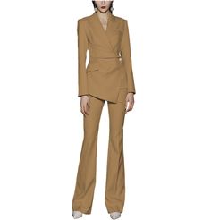 20% wool / 80% polyester. Flat. Include Blazer + Pants. Peak Lapel. Center Vent. Single Buttons. Real pocket. Full lined. Machine wash / Hand wash. Color or size customization please note in the order Fitted Fall Suit Trousers, Tailored Dress Pants For Office In Fall, Semi-formal Pantsuit For Fall, Semi-formal Fall Pantsuit, Fall Semi-formal Pantsuit With Trousers, Fall Office Wear Sets With Pockets, Fitted Wool Pantsuit For Fall, Fall Workwear Sets With Pockets, Formal Fall Sets With Pockets