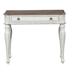 an antique white desk with drawers and wood top, on a white background for use as a side table