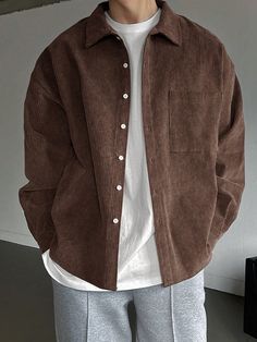 Men's Solid Color Long Sleeve Casual Shirt With Drop Shoulder Coffee Brown Casual  Long Sleeve Corduroy Plain Shirt Non-Stretch  Men Clothing, size features are:Bust: ,Length: ,Sleeve Length: 대학생 스타일, Fashion Outfits Men, Shirt Outfit Men, Flannel Outfits, Guys Clothing Styles, Men Shirts, Cool Outfits For Men, Streetwear Men Outfits, Outfits Men